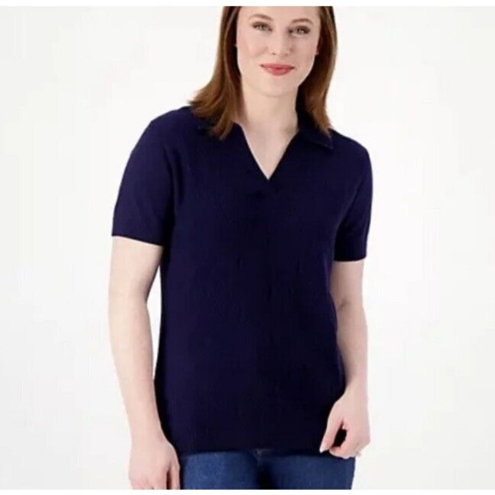 Isaac Mizrahi Live! Lattice Stitch Short Sleeve Sweater Dark Navy, Small